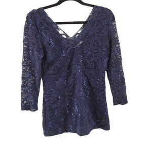 Boston Proper Event Top Womens M Navy Blue Party USA Lace Sequin Evening Sparkle
